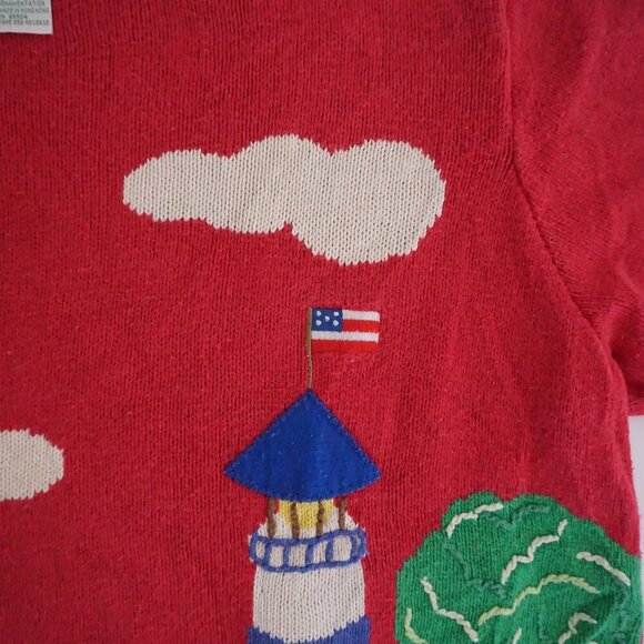 Vintage Quacker Factory Red Knit Nautical Lighthouse Cotton Crew Sweater 1X - Picture 8 of 9